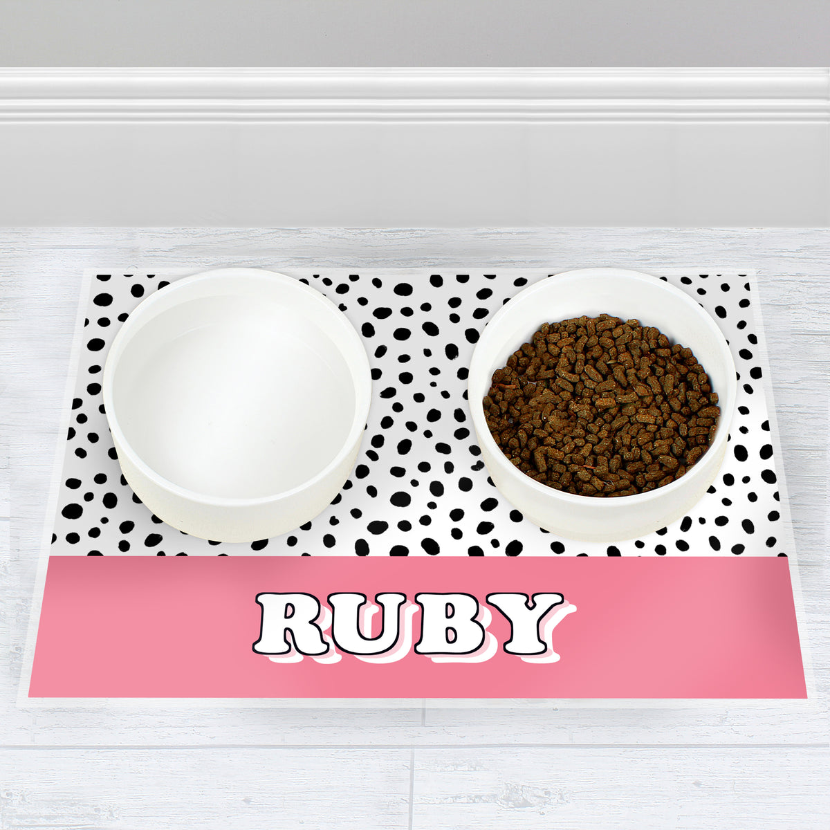 Personalised Pink Spots Dog Pet Bowl Mat