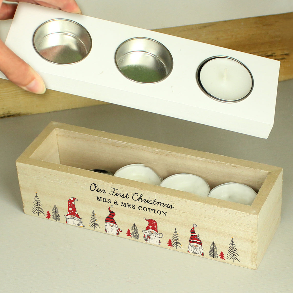 Personalised Gonk Christmas Triple Tea Light Box