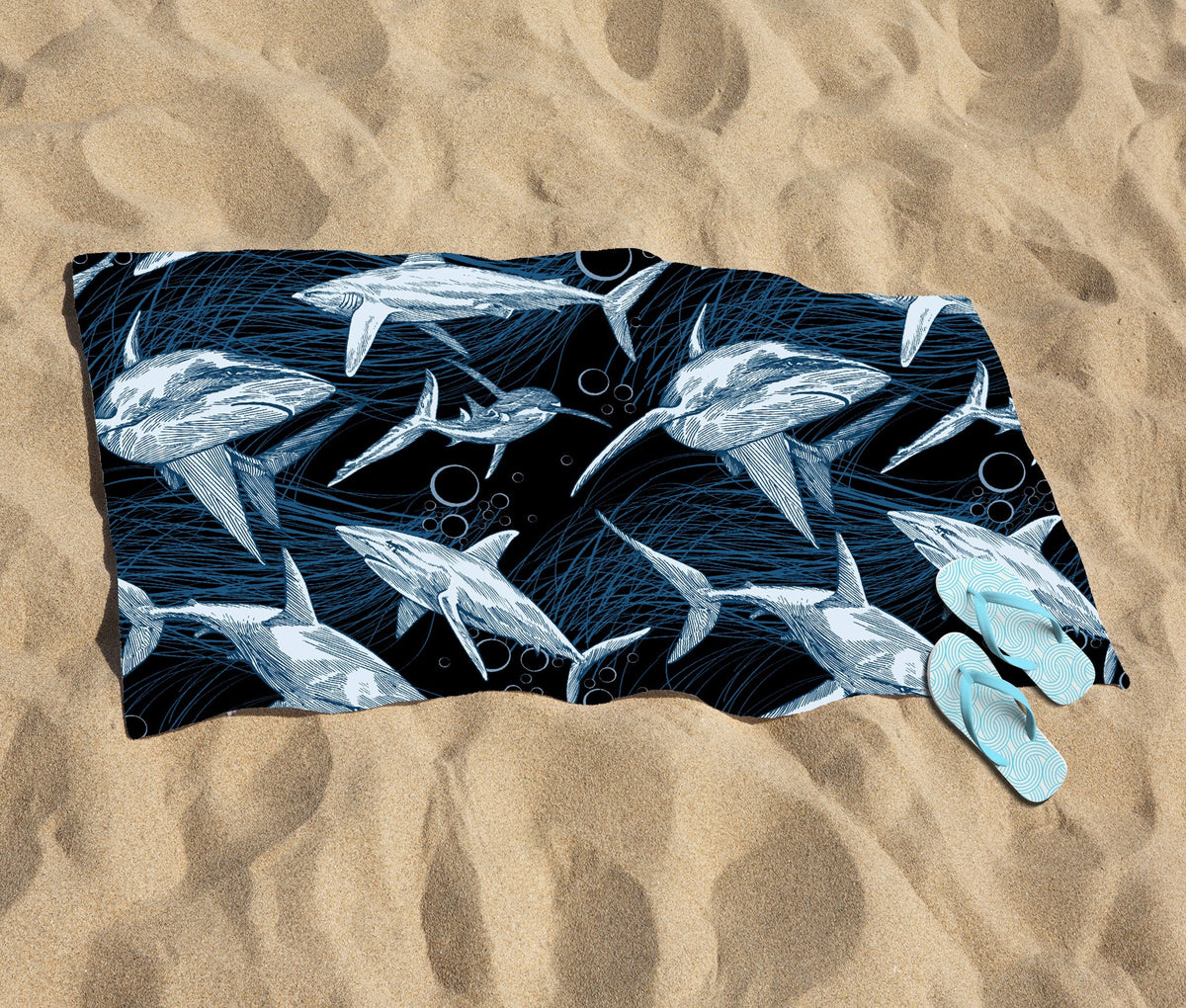 Hand Drawn Shark Pattern Beach Towel