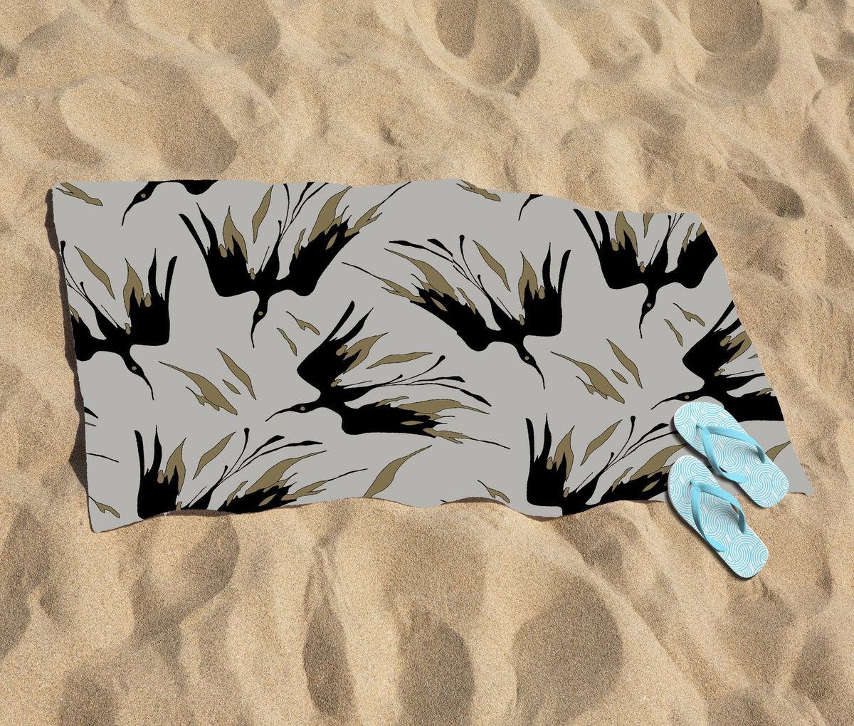 Black And Gold Fire Bird Silhouettes Beach Towel