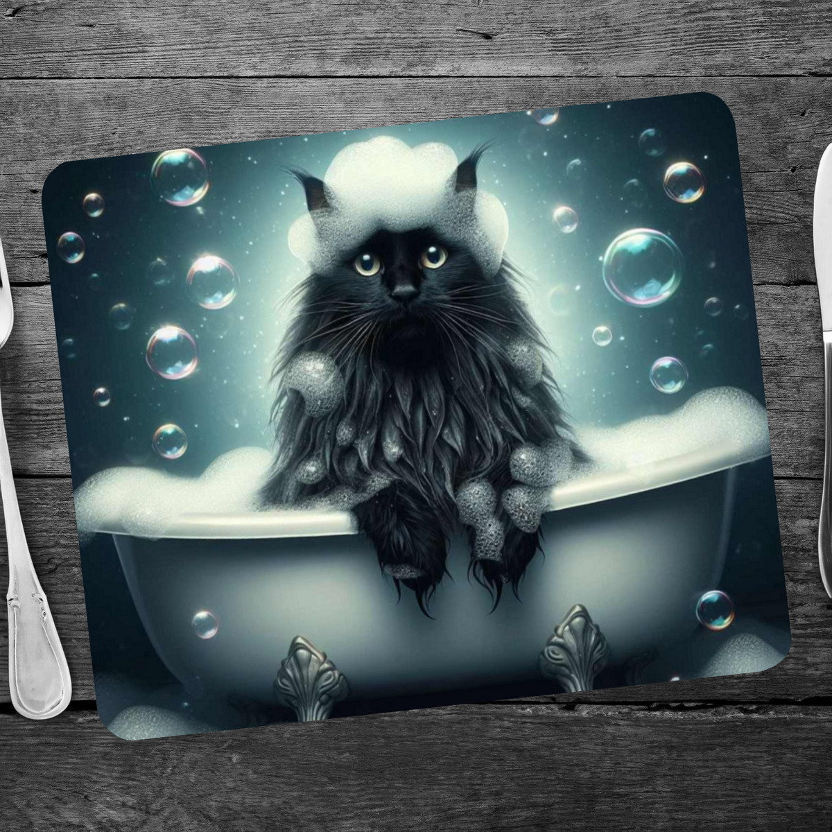 Black Cat In The Bath Style 1 Wooden Placemat