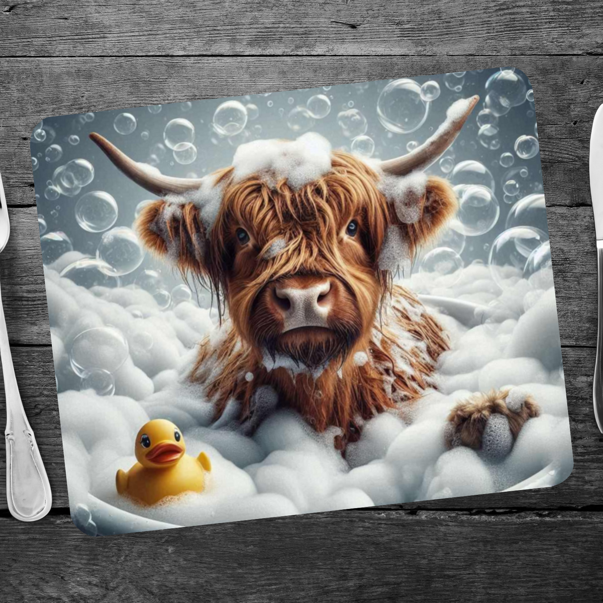 Highland Cow In The Bath Style 1 Wooden Placemat