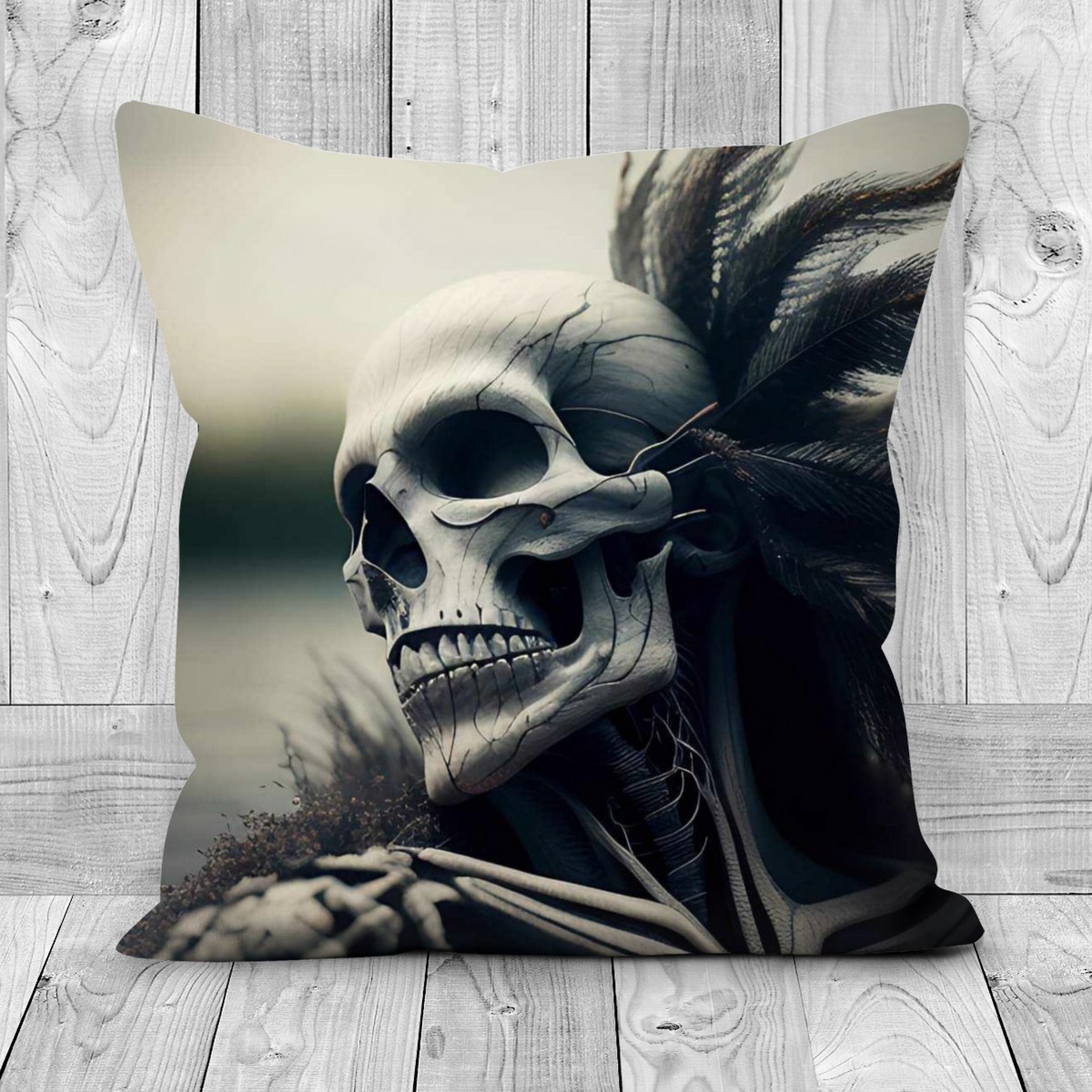 Skull with Black Feathers Cushion