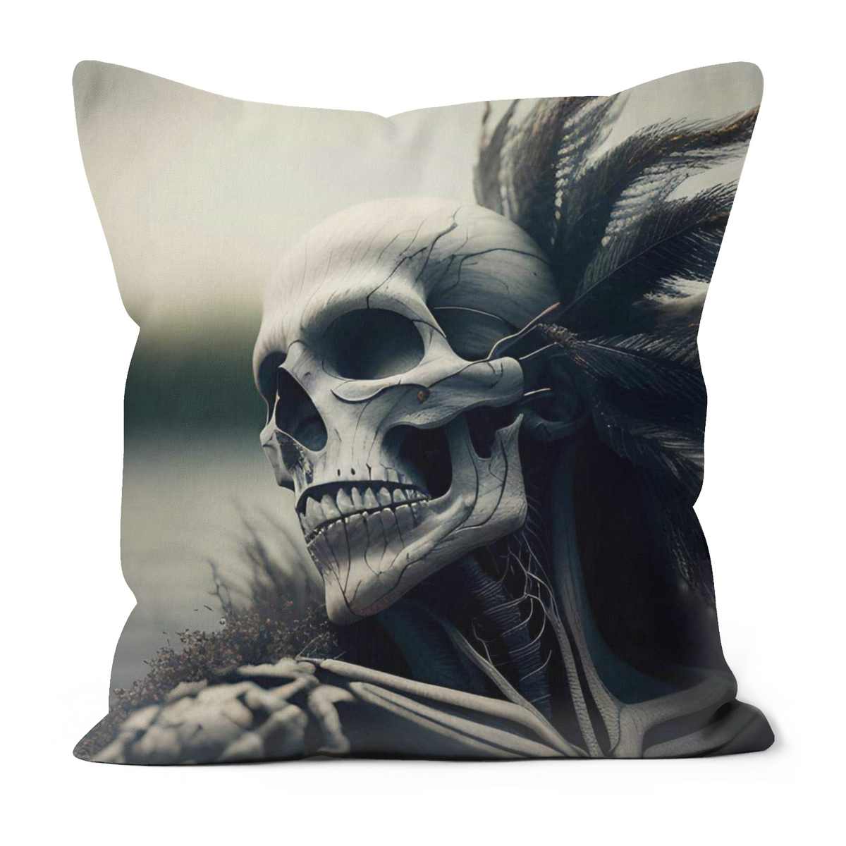 Skull with Black Feathers Cushion