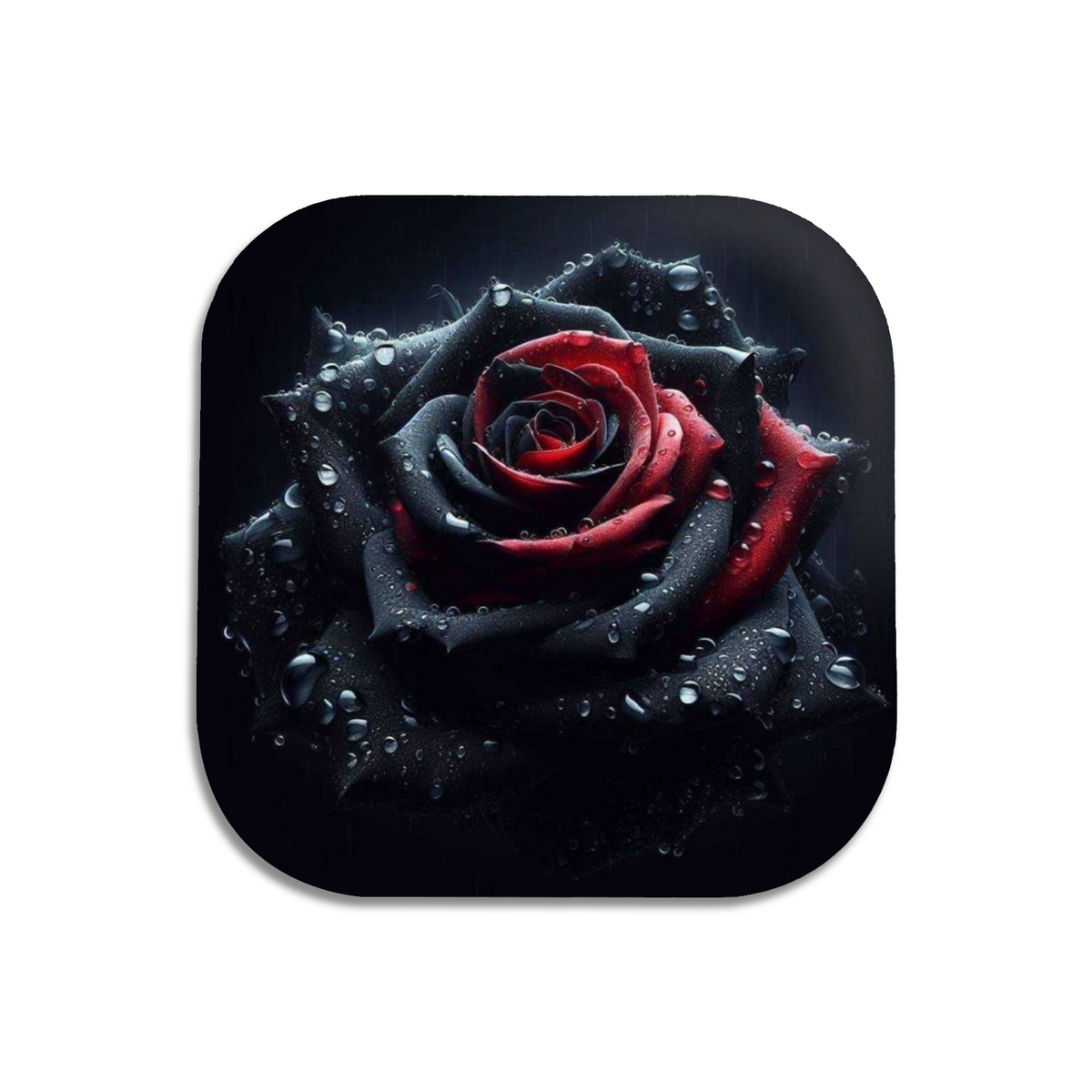 Black and Red Rose with Water Droplets Wooden Coaster