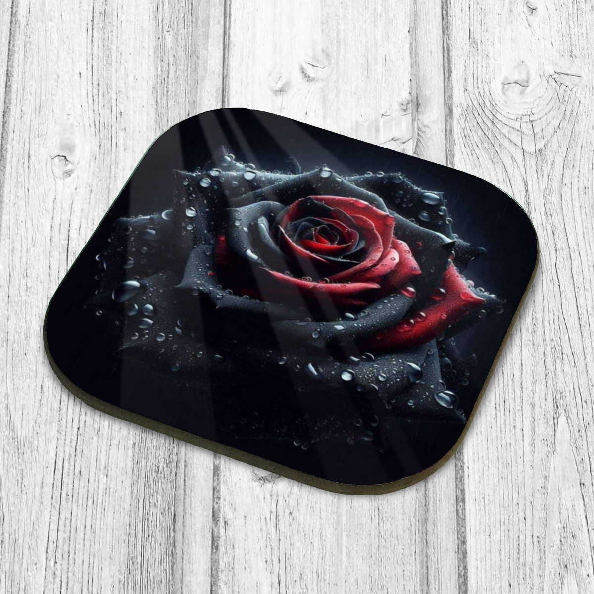 Black and Red Rose with Water Droplets Wooden Coaster