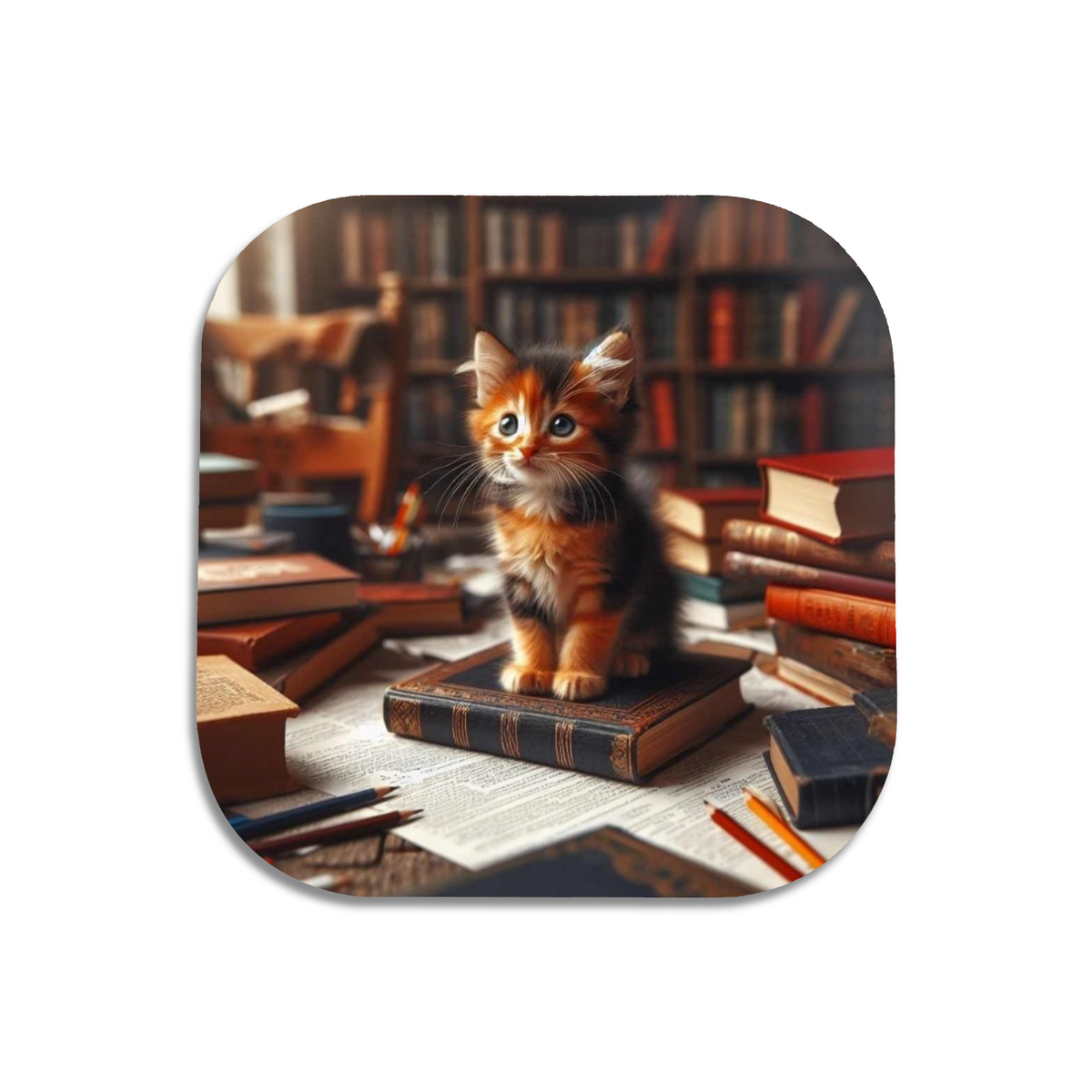 Cute Kitten In The Library Wooden Coaster