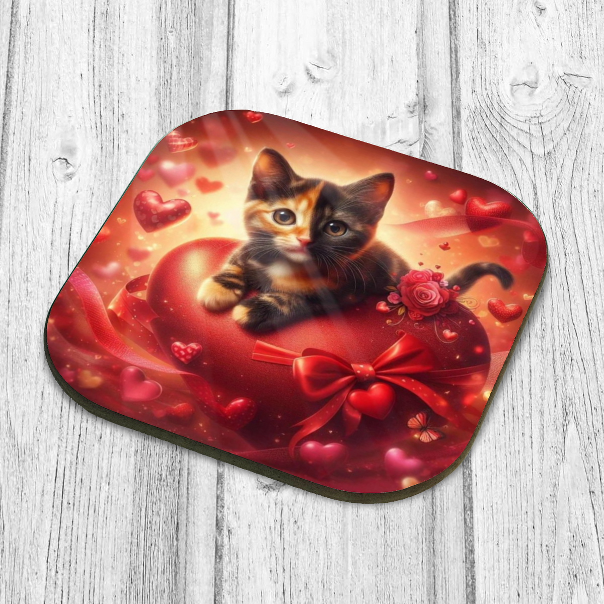 Cute Kitten with Love Heart Wooden Coaster