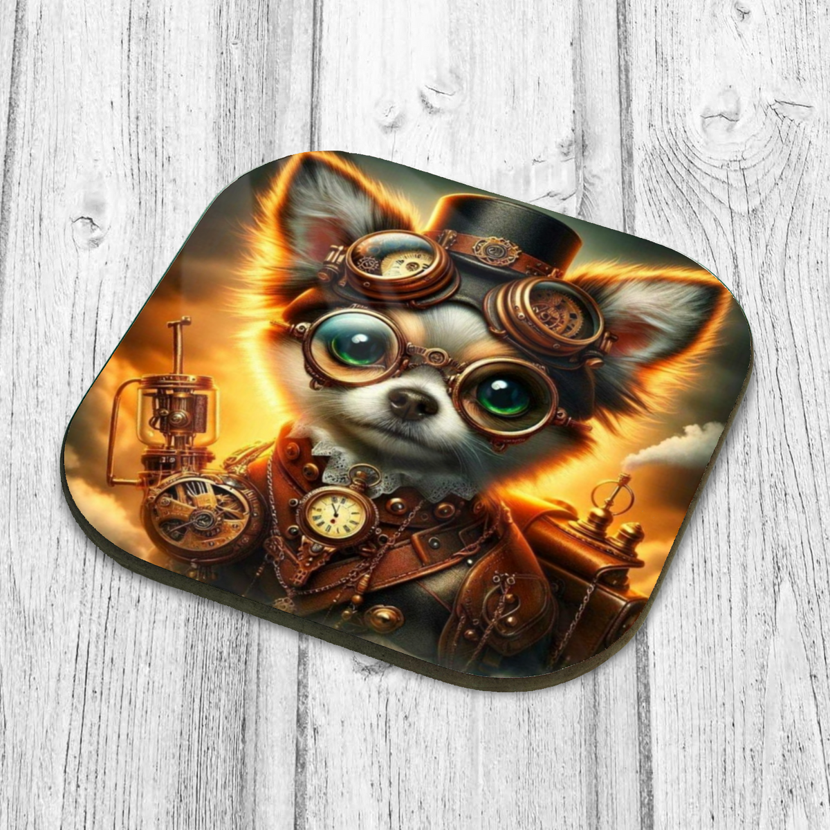 Steampunk Chihuahua Wooden Coaster