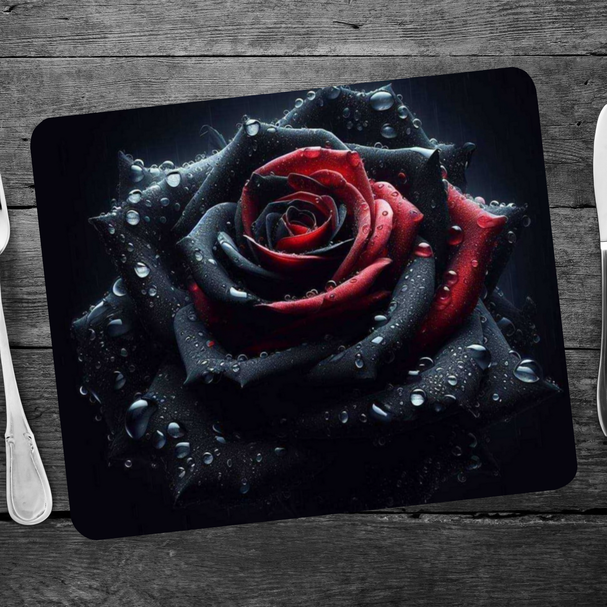 Black and Red Rose with Water Droplets Wooden Placemat