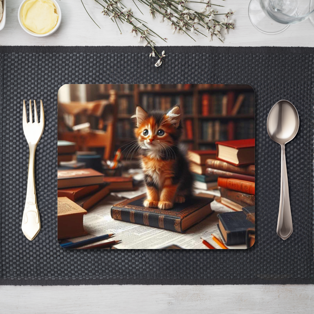 Cute Kitten In The Library Wooden Placemat