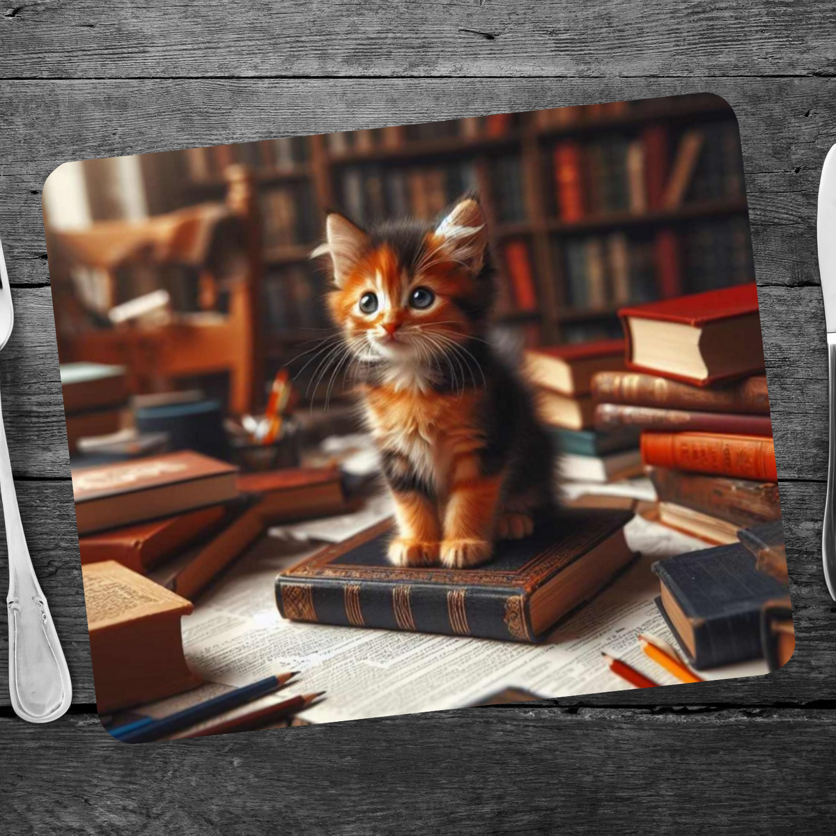 Cute Kitten In The Library Wooden Placemat