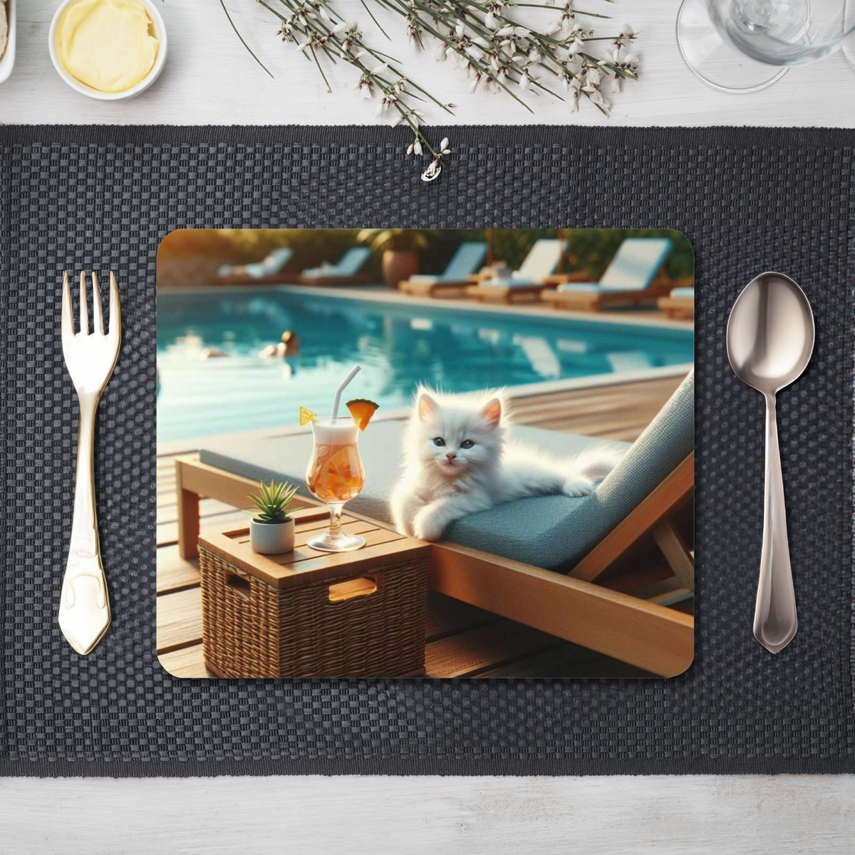 Cute Kitten on Sun Lounger Style 2 Wooden Placemat