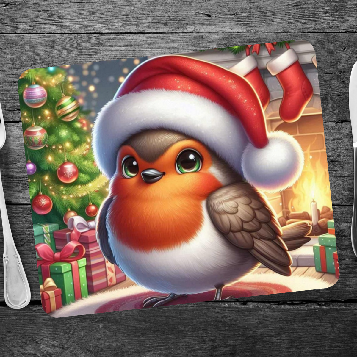 Cute Christmas Robin Style 1 Wooden Placemat