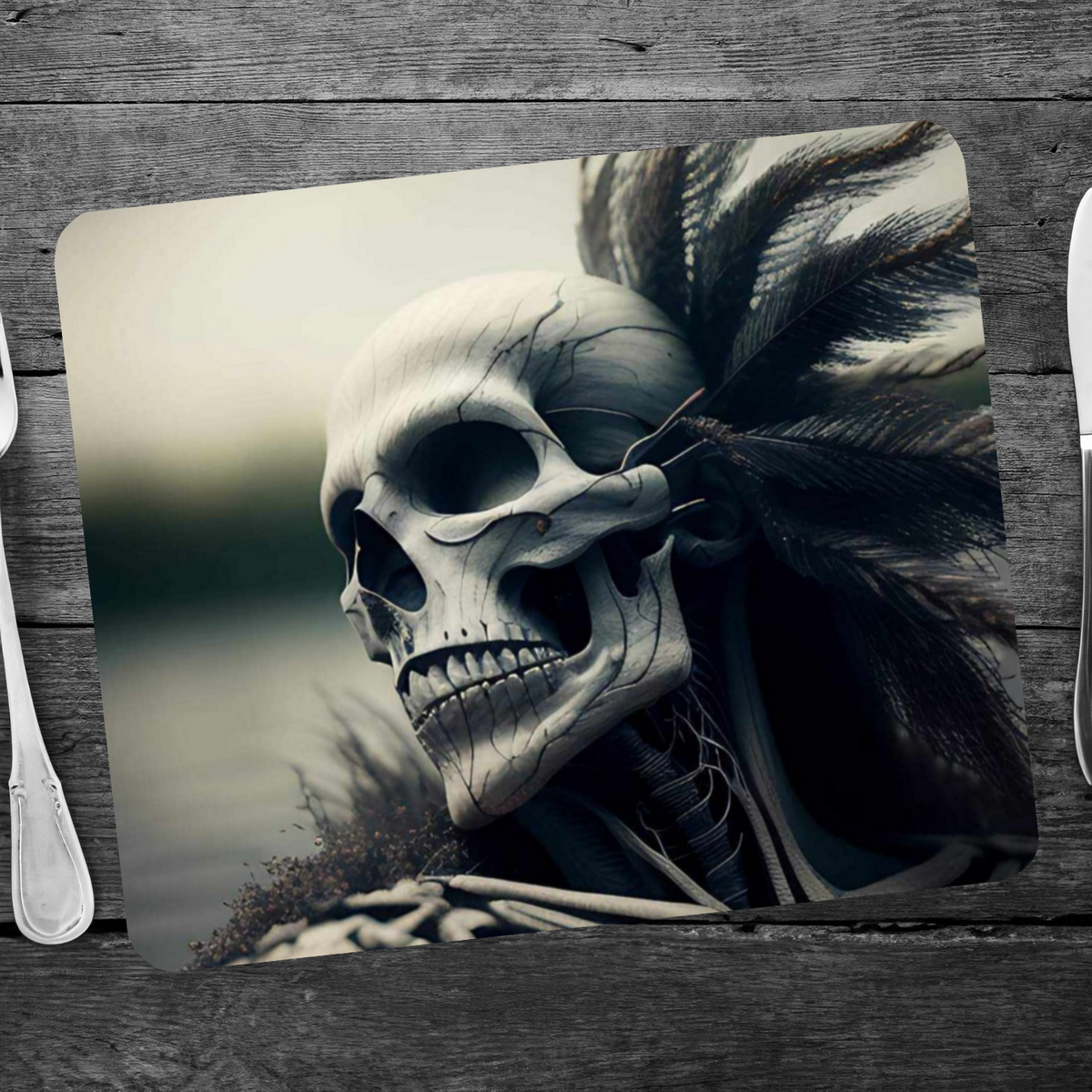 Skull with Black Feathers Wooden Placemat