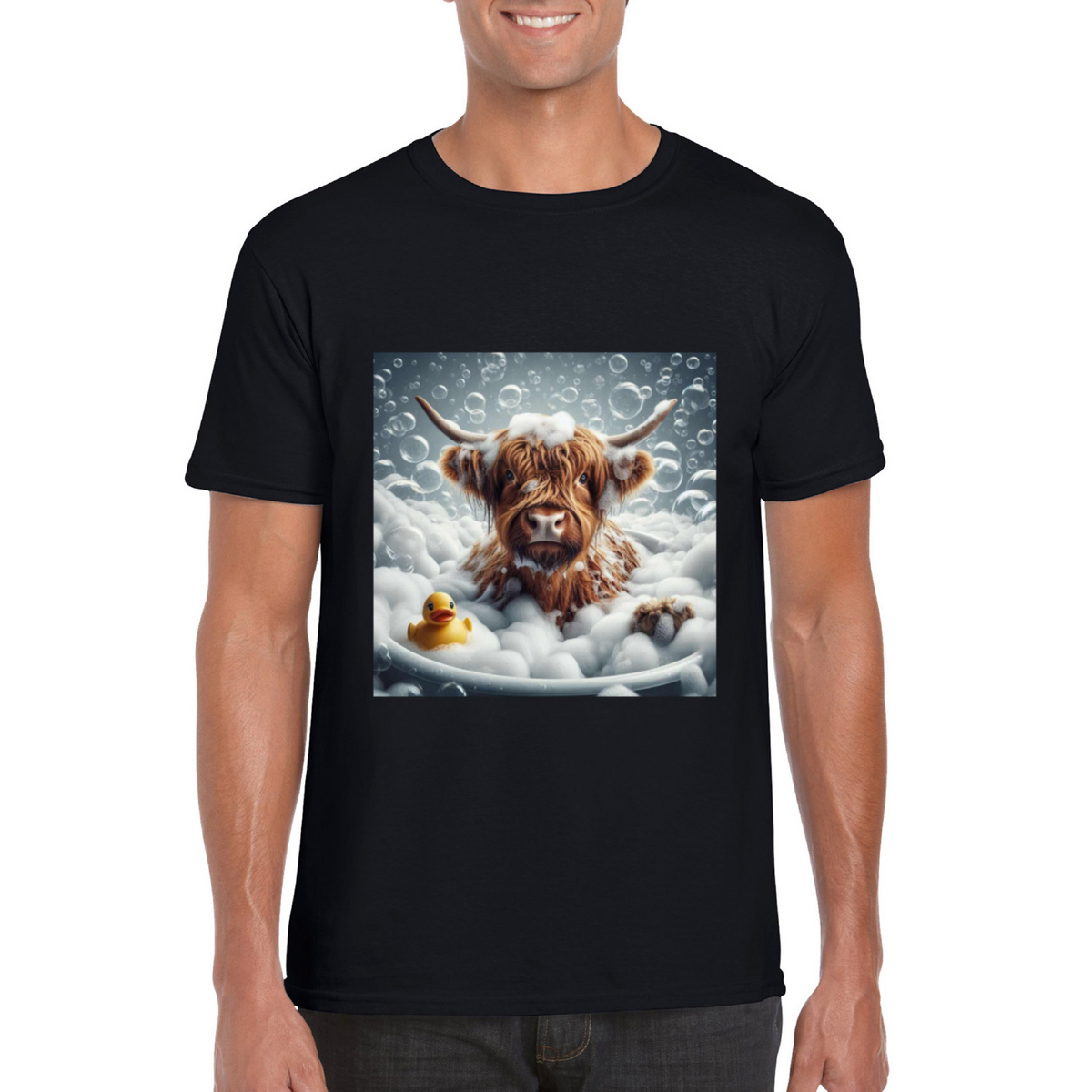 Highland cow in bath t-shirts 1